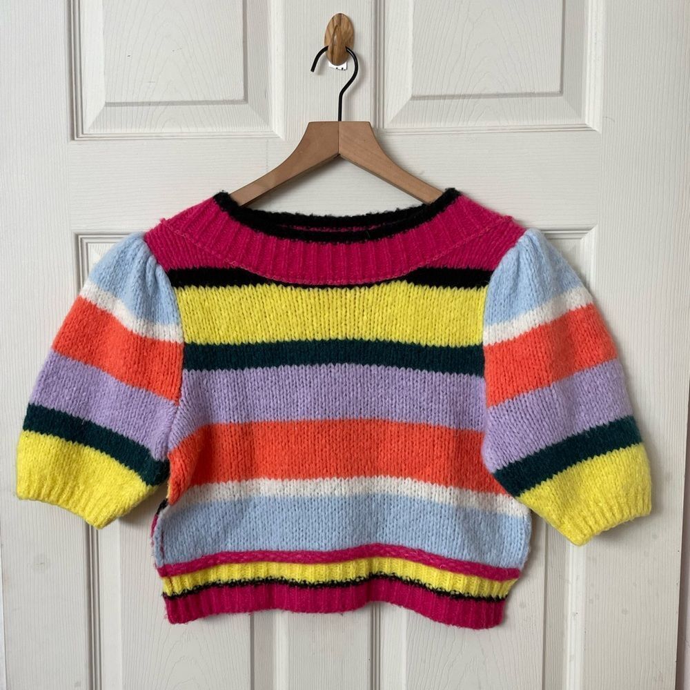 Free people short puff sleeve multicolor stripe knit sweater